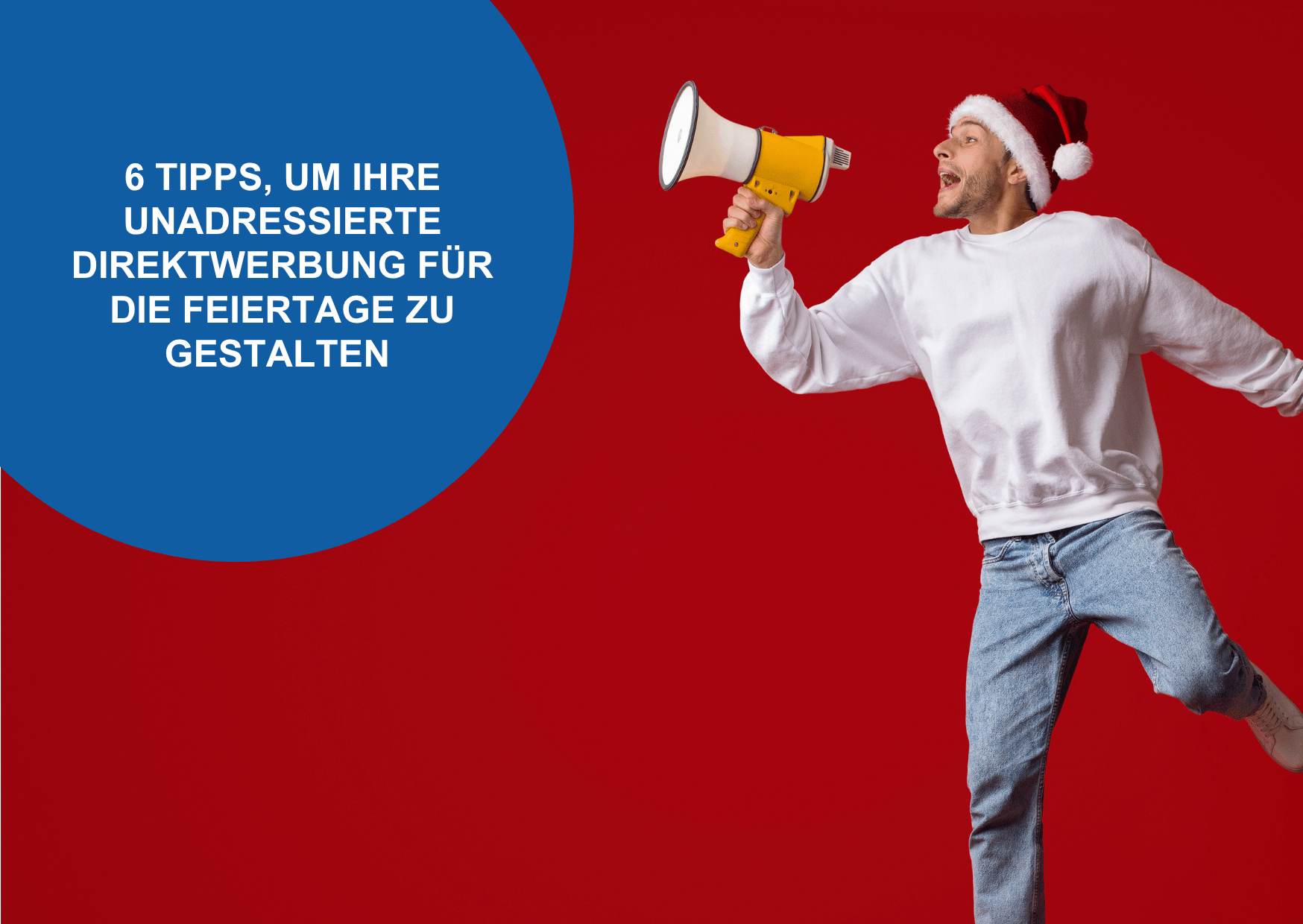 Mann mit Megaphon und Weihnachtsmütze spricht die DMC Tipps für die Feiertage.