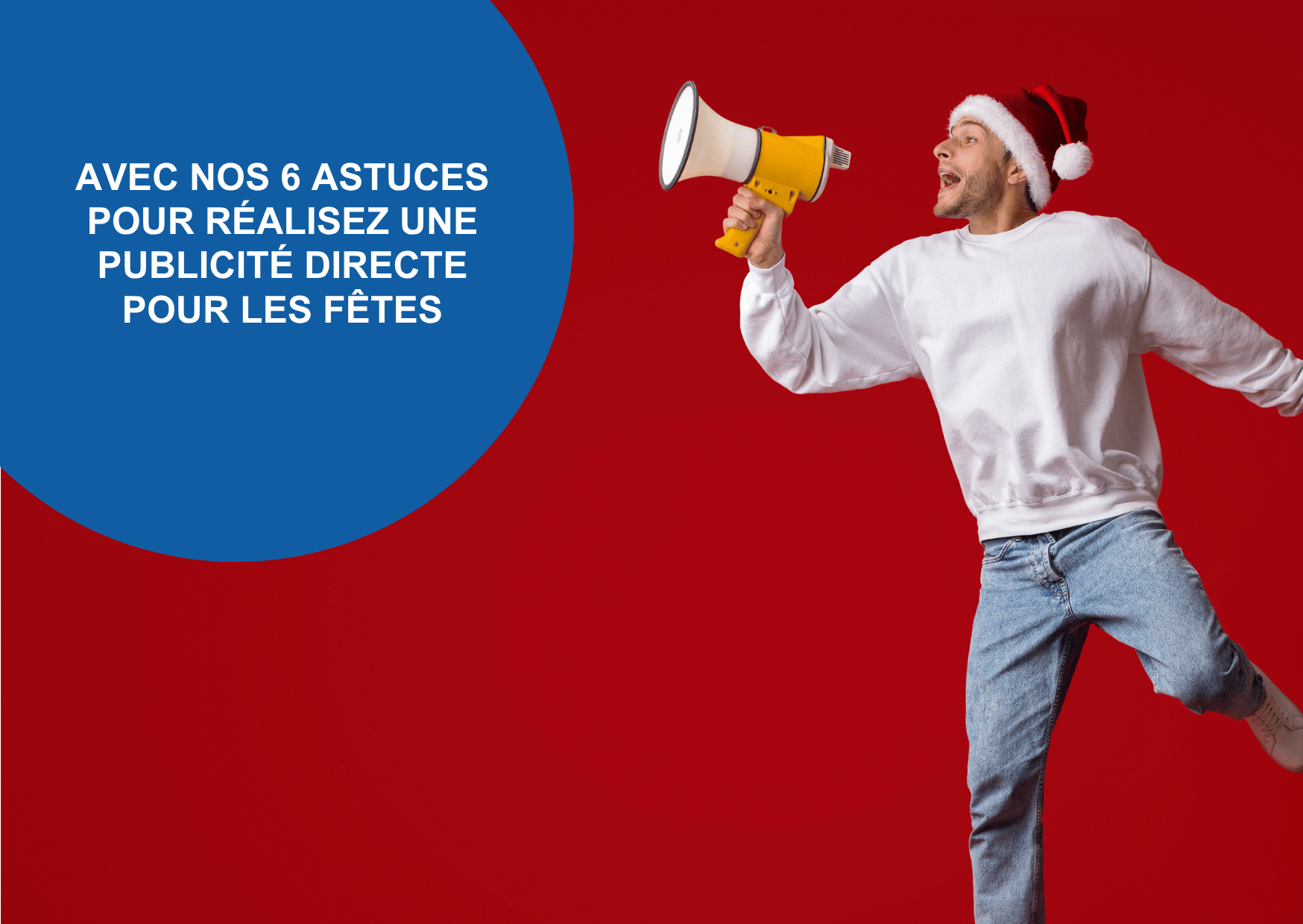 Un homme avec un mégaphone et un bonnet de Noël donne les conseils de DMC pour les fêtes.