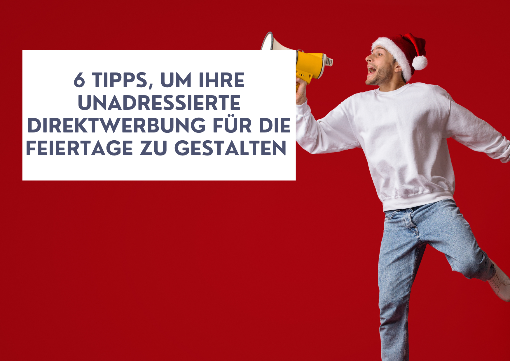Mann mit Megaphon und Weihnachtsmütze spricht die DMC Tipps für die Feiertage.